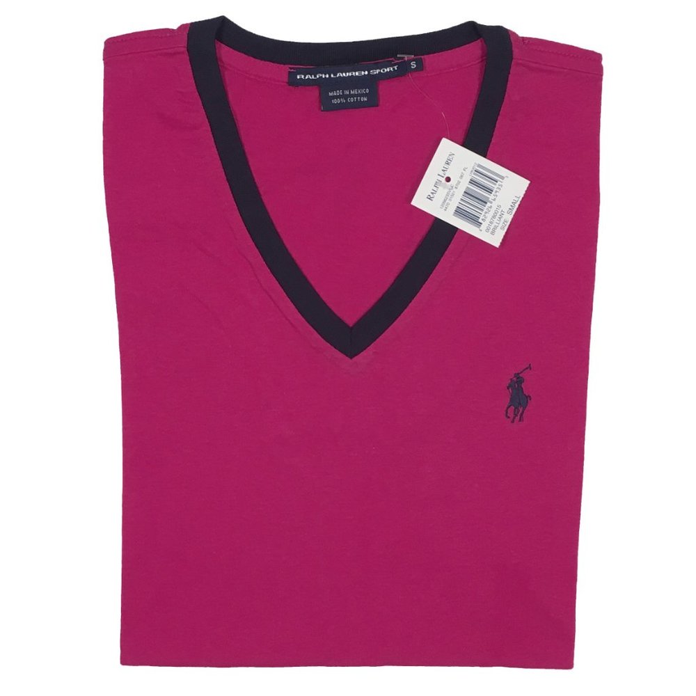 NEW Polo Ralph Lauren T Shirt!  Small  V Neck  Dark Pink With Navy Polo Player